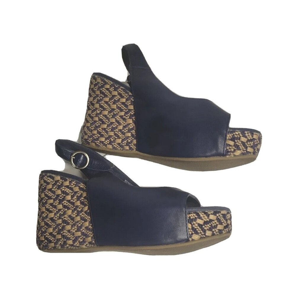 Old Navy Women's 10 Blue Leather Woven Wedge Platform Open Toe Slingback Sandals